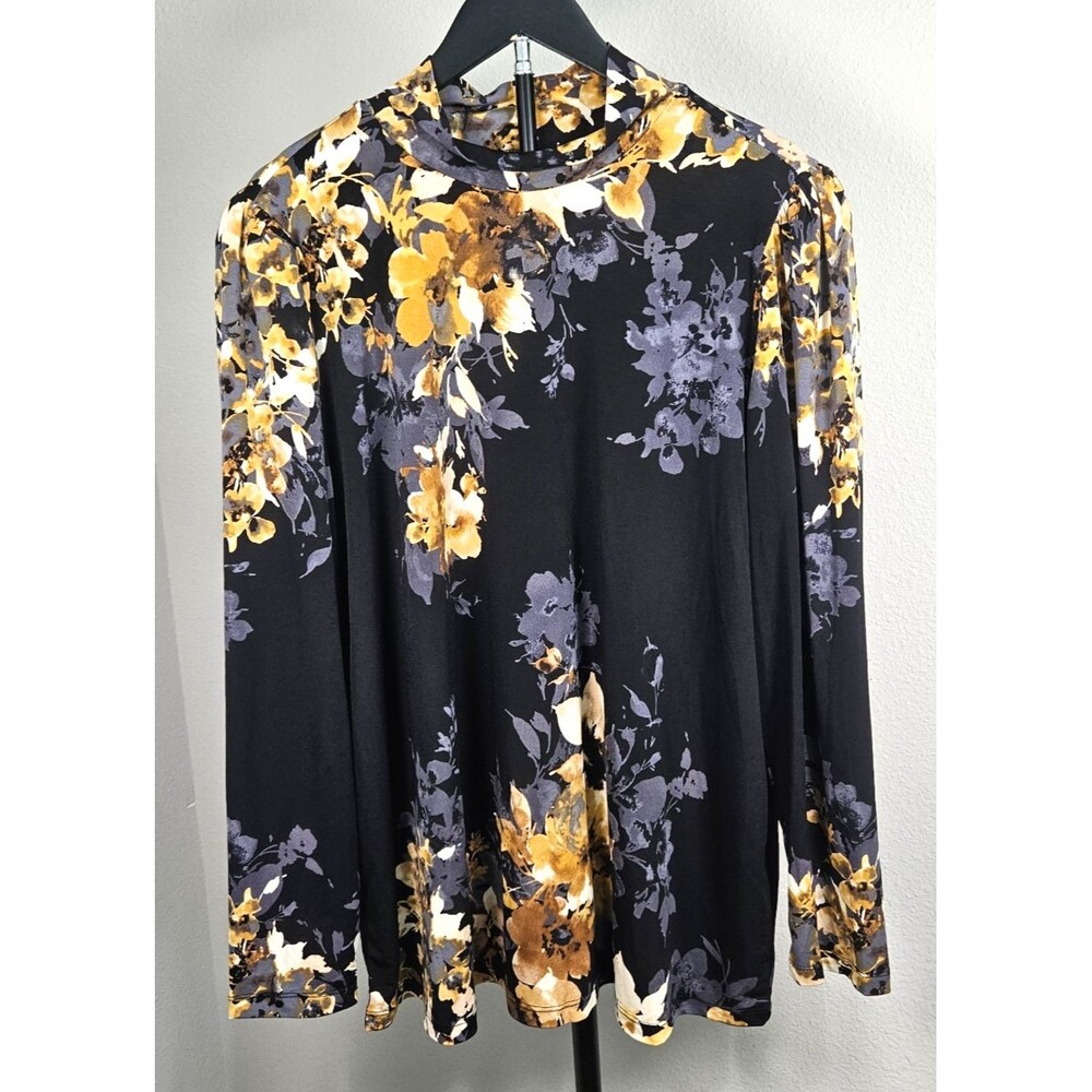 Susan Graver 2XL Floral Top‎ Black Gold Mock Neck Long Sleeve Stretch Knit